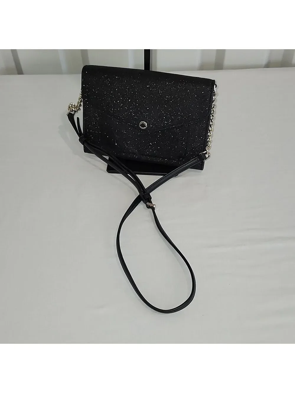 Kate Spade New York Tinsel Flap Crossbody Bag Black Glitter Removeable Strap